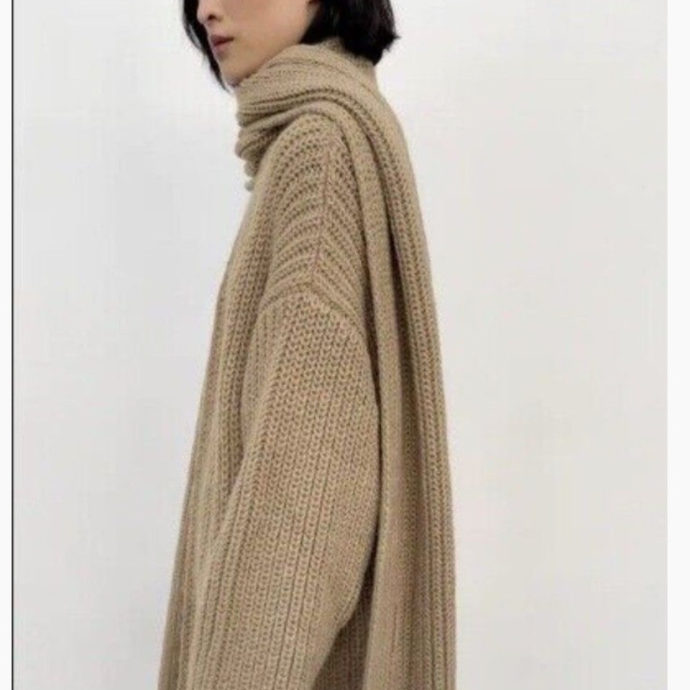 Zara Long Ribbed Knit Cardigan with Scarf - Beige - Picture 2 of 8